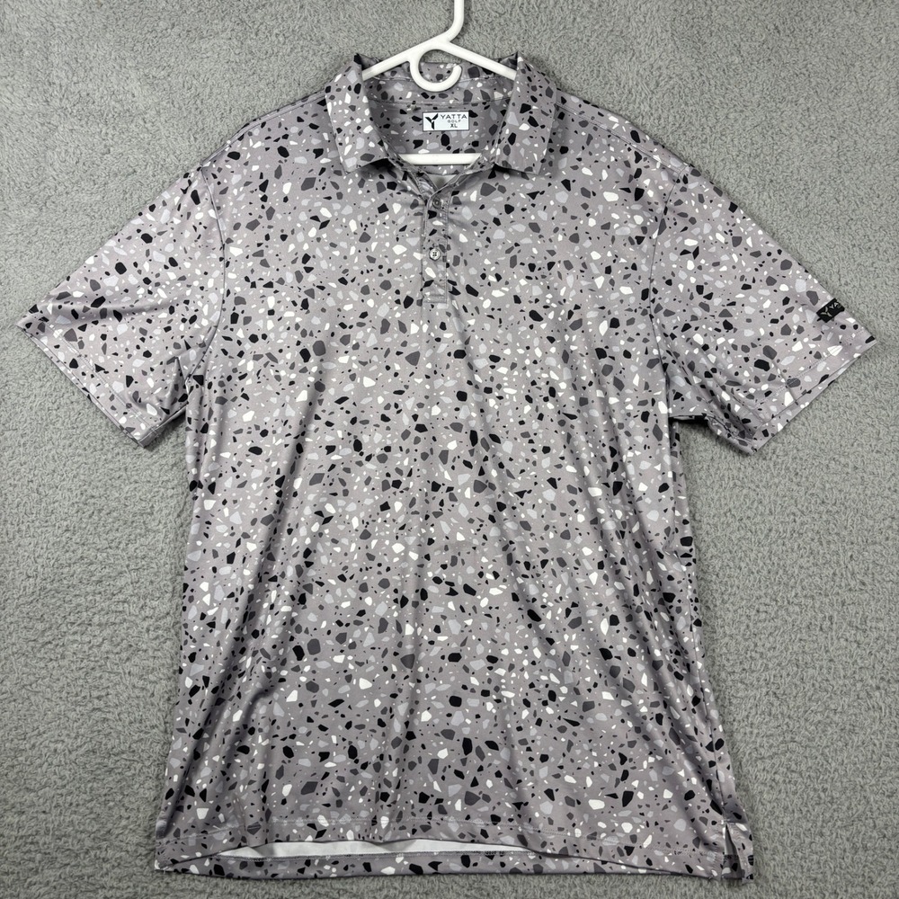 Yatta Golf Polo Men XL Grey Terrazzo Print Performance Short Sleeve Stretch Polo